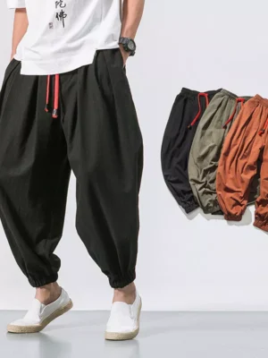 Fashion Men's Pants Harem Casual Baggy Japanese Hakama Linen Pants Sweatpants