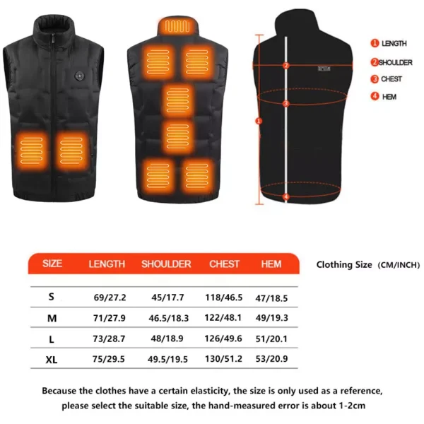 Heated Vest 9 Heating Zones Winter Body Warm Electric USB Jacket Thermal Coat