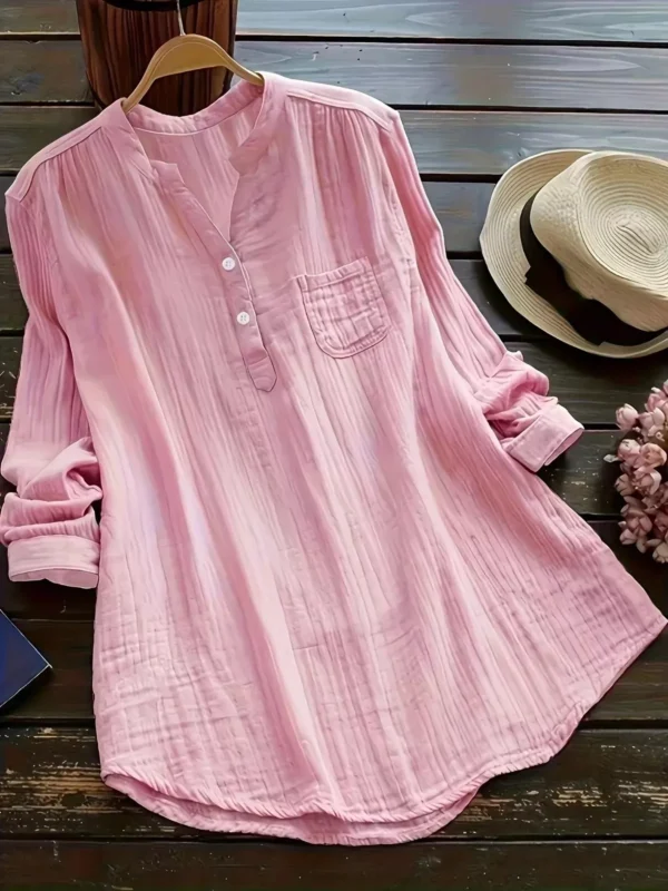 Women's Fashionable V-neck Long Sleeved Shirt Solid Color Top