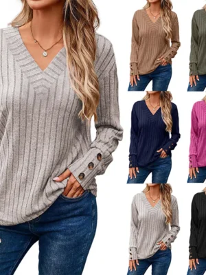 Women Tops Pullover Blouse Long Sleeve T Shirt V Neck Plain Baggy Casual Fashion