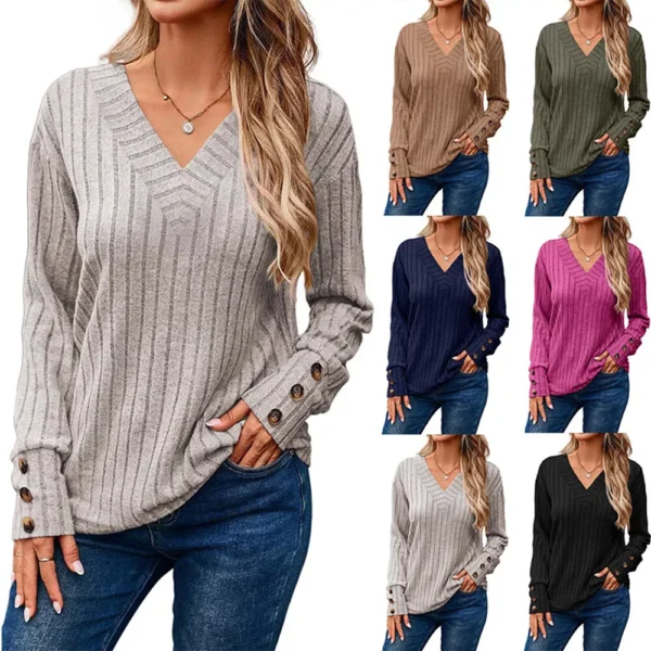 Women Tops Pullover Blouse Long Sleeve T Shirt V Neck Plain Baggy Casual Fashion