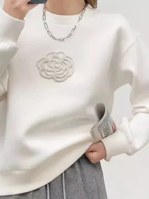 Fashion  O Neck Patchwork Top Autumn Winter Flower Long Sleeve Comfort Casual