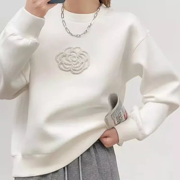 Fashion  O Neck Patchwork Top Autumn Winter Flower Long Sleeve Comfort Casual