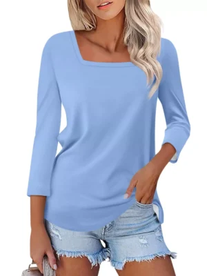 Shirt For Women Fashion Casual Square Neck 3/4 Sleeve Loose Solid Color T-Shirts