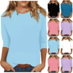 Women's Fashion Casual Three Quarter Sleeve  T-Shirt Solid O-Neck Tops