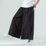 Mens Casual Wide-leg Trousers Chinese Style Pants Retro Faux Silk Straight Pants