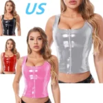 US Womens Fashion PVC Leather Zipper Tank Top Sleeveless Crop Top Vest Cami Top