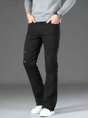 Mens Stretch Black Denim Pants Bootcut Jeans Trousers Distressed Ripped Fashion