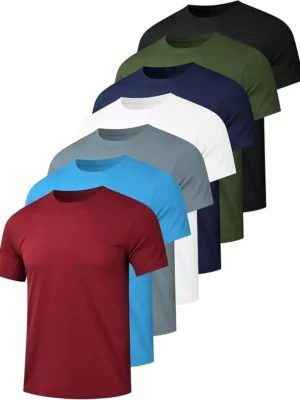 7 Pack Men's Dry Fit Workout Gym T Shirts, Short Sleeve Active Running (Large)