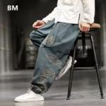 Chinese Style Retro Print Pants Men Fashion Loose Casual Pants Harem Pants