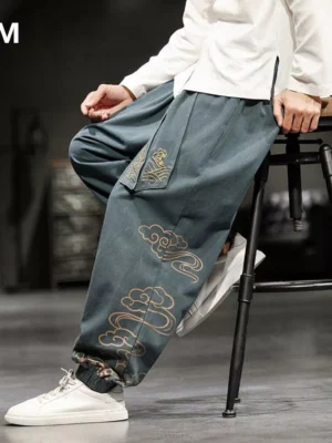 Chinese Style Retro Print Pants Men Fashion Loose Casual Pants Harem Pants